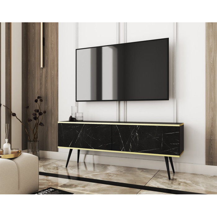 Тумба под телевизор Perfect Home Оро/Oro 2-дверная с черными ножками RTV135 Черный мрамор роял 