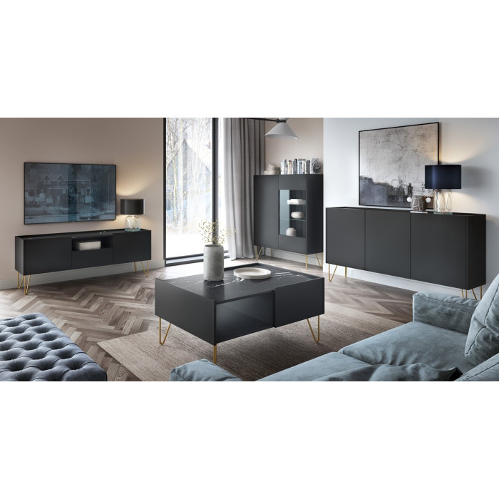 Тумба ТВ Perfect Home Гармоны / Harmony  1Ш2Д  RTV144 Черный/черный мрамор роял 