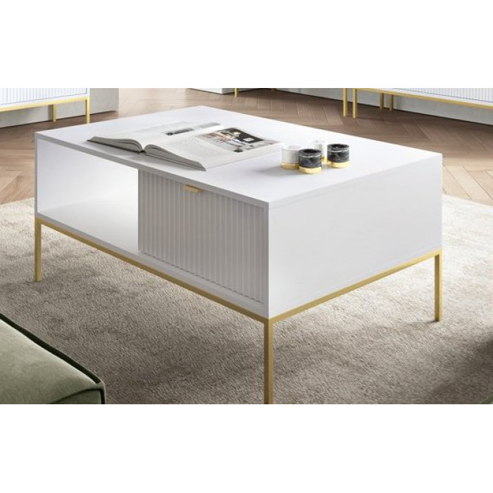 Стіл журнальний Perfect Home Нова / Nova з 2 шухлядами та золотими ніжками L104 Білий