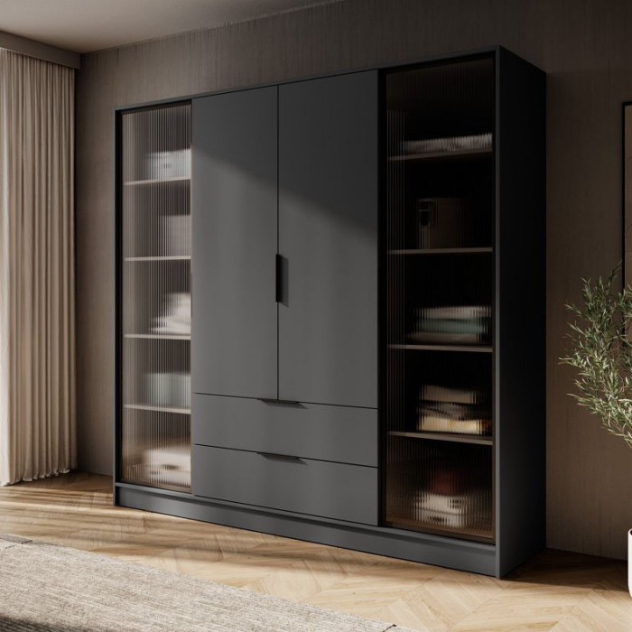 Гардеробна / шафа для одягу Perfect Home Келлі / Kelly 4DRD 4-дверна з боковими прозорими дверцятами Графіт 