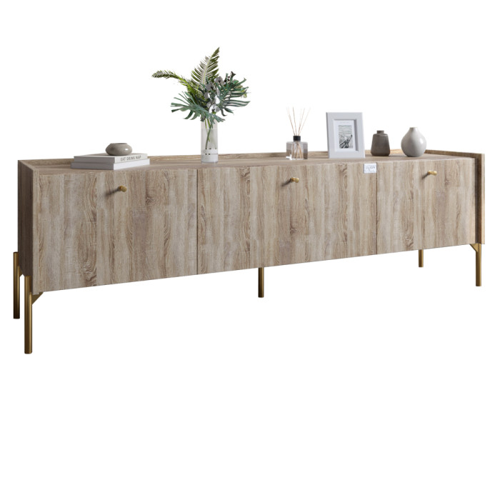 Тумба под телевизор на 3 ящика LION Wood с золотыми ножками 160х65х40 см Дуб Сонома Трюфель 