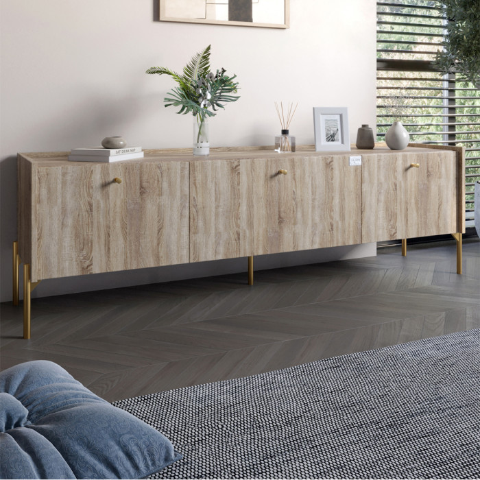 Тумба під телевізор на 3 шухляди LION Wood з золотими ніжками 160х65х40 см Дуб Сонома Трюфель