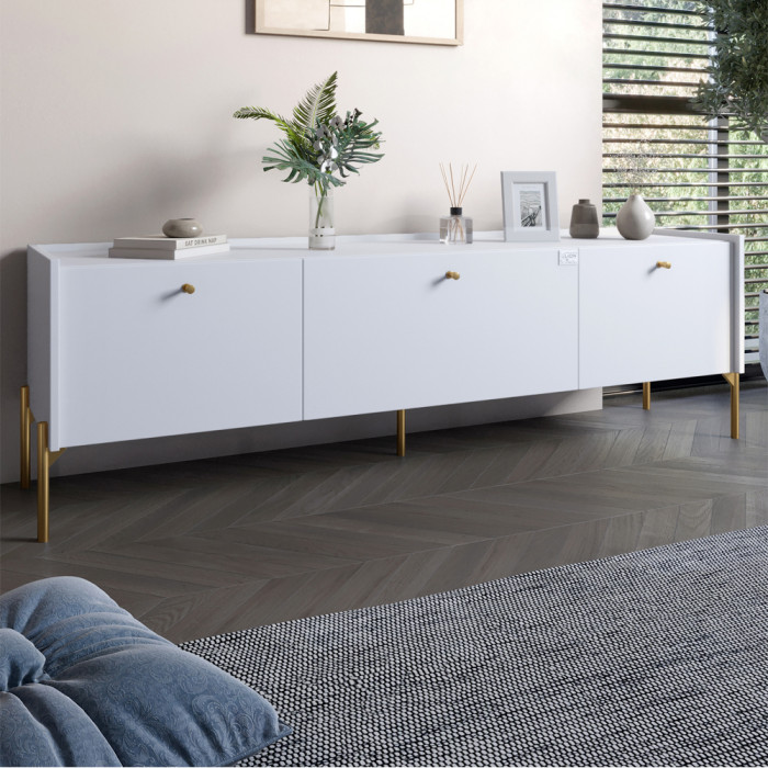Тумба под телевизор на 3 ящика LION Wood с золотыми ножками 160х65х40 см Нимфея Альба (белый) (LION-042997)