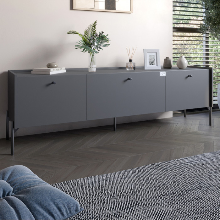 Тумба під телевізор на 3 шухляди Вуд Wood 160х65х40 см з чорними ніжками Антрацит