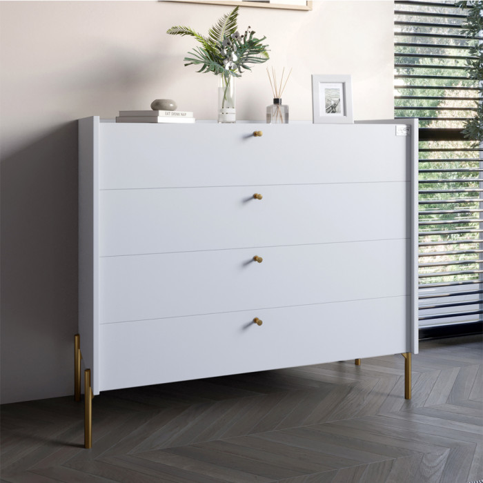 Комод с 4 ящиками LION Wood с золотыми ножками 100х90х45 см Нимфея Альба (белый) (LION-042969)