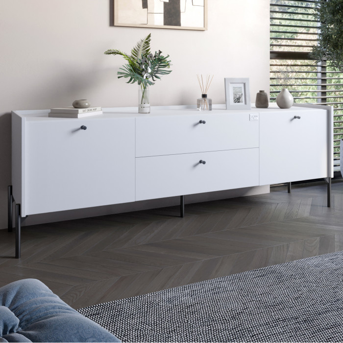 Тумба под телевизор с ящиками LION Wood с черными ножками 180х50х40 см Нимфея Альба (белый) (LION-043132)