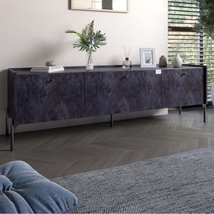 Тумба під телевізор на 3 шухляди LION Wood з чорними ніжками 160х65х40 см Бетон темний (LION-043095)